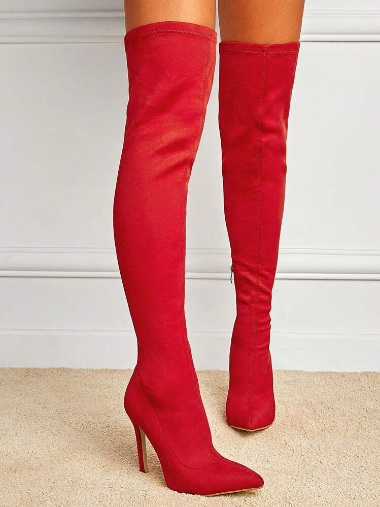 Women's Pointed Toe Stiletto High Heel Boots, Faux Suede Thigh High Boots With Side Zipper, Tight Fit Knee Boots, Warm Winter Boots | SHEIN