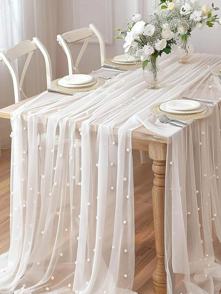 1pc Faux Pearl Decorated Sheer Fabric, Photography Backdrop, Can Be Used As Table Runner, Pearl Background Tablecloth, Wedding White Pearl Sheer Tablecloth, Wedding Arch Decor, Wedding Reception, Bridal Shower, Party Decoration | SHEIN