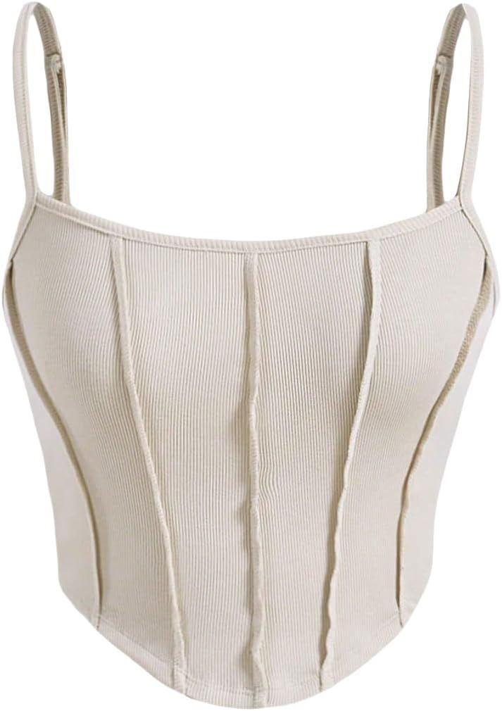 BEAUDRM Women's Solid Spaghetti Strap Asymmetrical Hem Crop Cami Top Sleeveless Slim Fit Tank Top | Amazon (US)