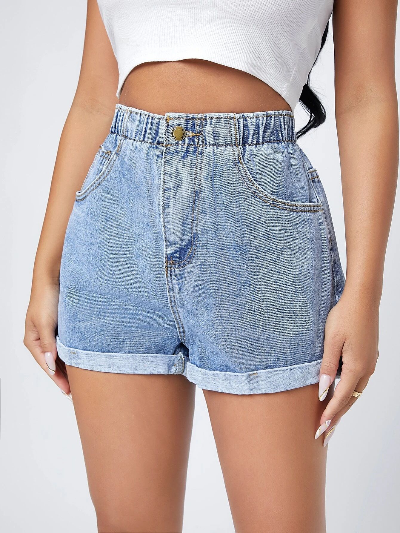 High Waist Roll Hem Denim Shorts | SHEIN