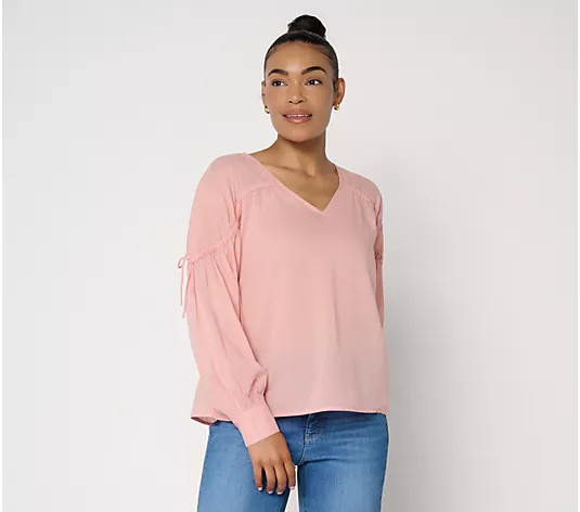 Peace Love World Gathered Sleeve V-Neck Blouse - QVC.com | QVC