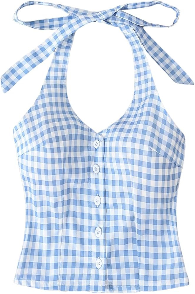 Milumia Women's Gingham Plaid Halter Top Tie Backless Sleeveless Button Front Crop Tank Tops | Amazon (US)