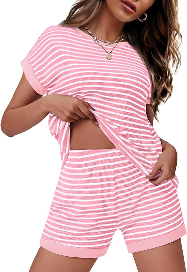 Ekouaer Waffle Knit Lounge Set Women Stripe Pajama Sets Short Sleeve Pj Tops and Shorts Matching ... | Amazon (US)