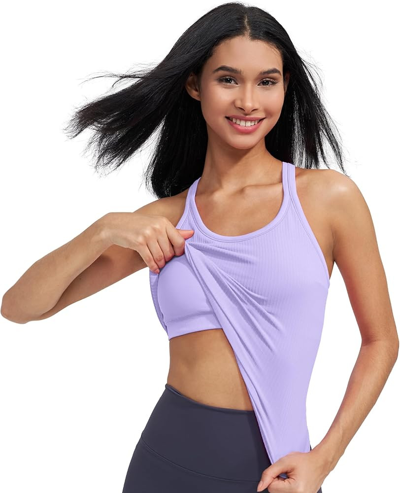 Ribbed Workout Short Racerback Tank Tops for Women with Built in Bra | Amazon (US)