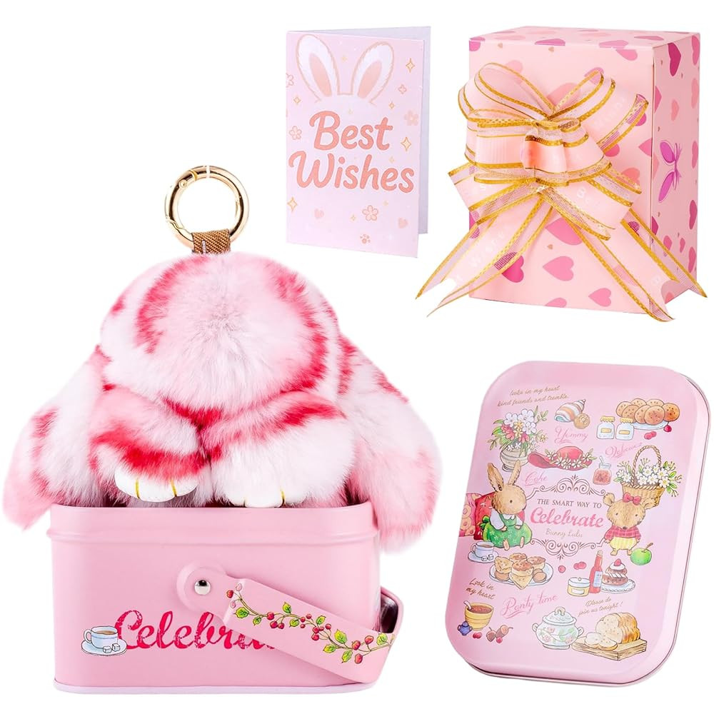 Bunny Keychain with Tin Handmade Soft Plush Rabbit Keychain with Best Wishes Card & Ribbon Bunny ... | Amazon (US)