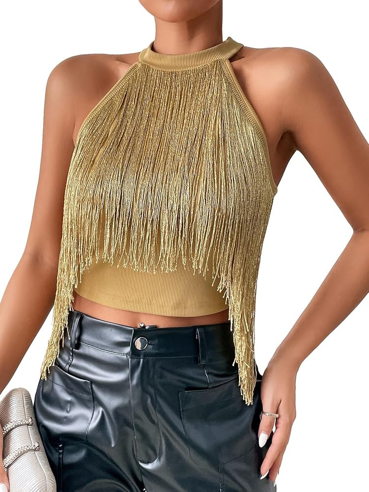 Cozyease Women's Fringe Trim Asymmetrical Hem Crop Top Tassel Sleeveless Halter Top Party Tank To... | Amazon (US)