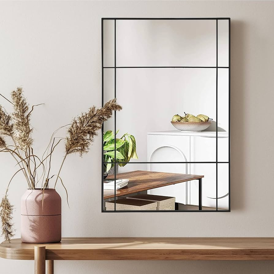 Muzilife Black Rectangular Window Mirror, 24x36 Windowpane Wall Mirror, Framed Window Pane Grid M... | Amazon (US)