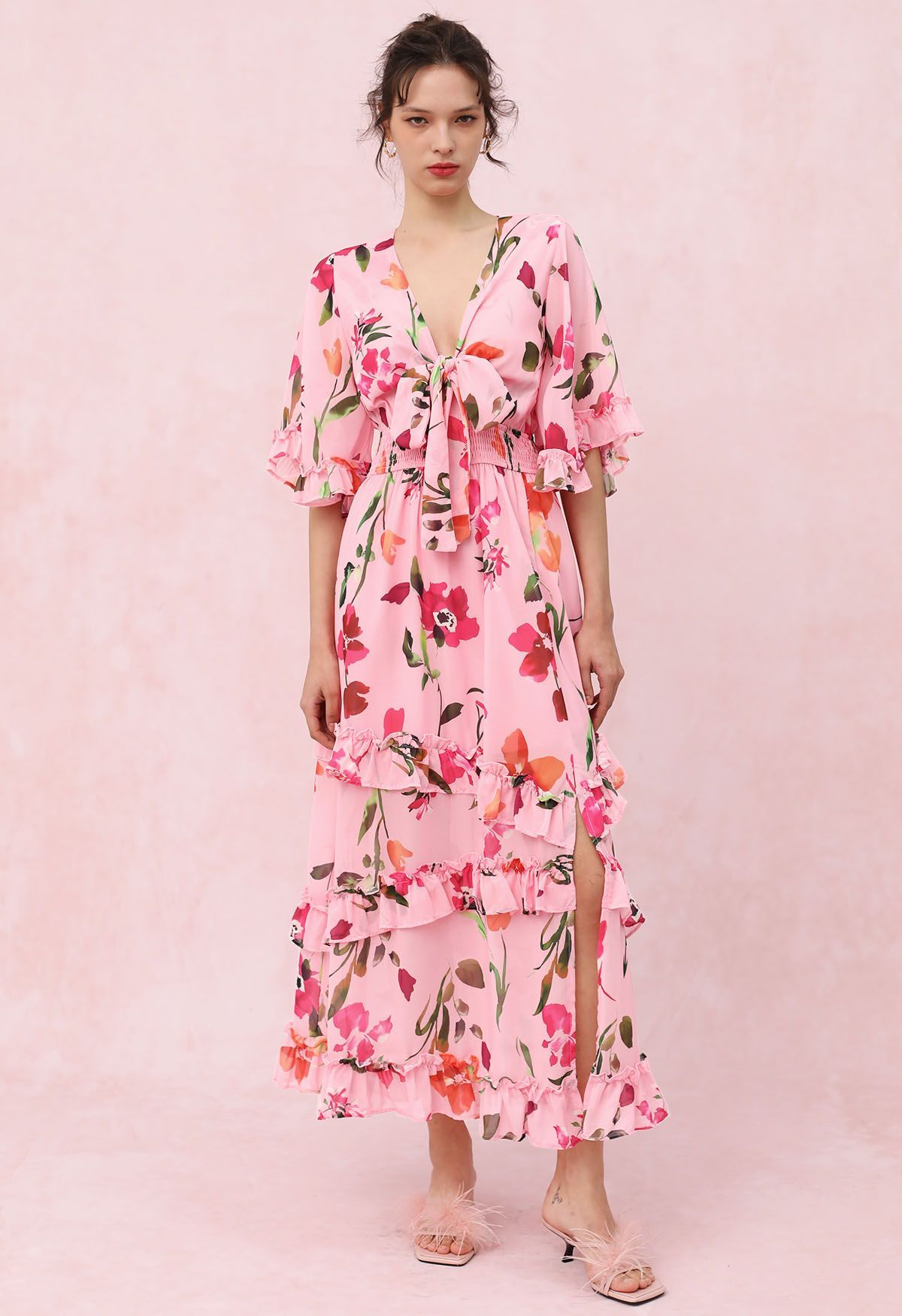 Pink Blossom Tie-Front V-Neck Maxi Dress | Chicwish