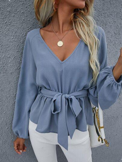 Raglan Sleeve Belted Peplum Top | SHEIN