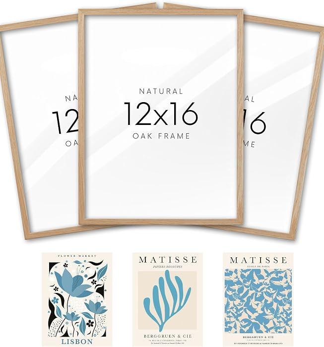 KensTro 12x16 Set of 3 Natural Oak Wood Picture Frame with 3 Blue Prints,12x16 Minimalist Natural... | Amazon (US)