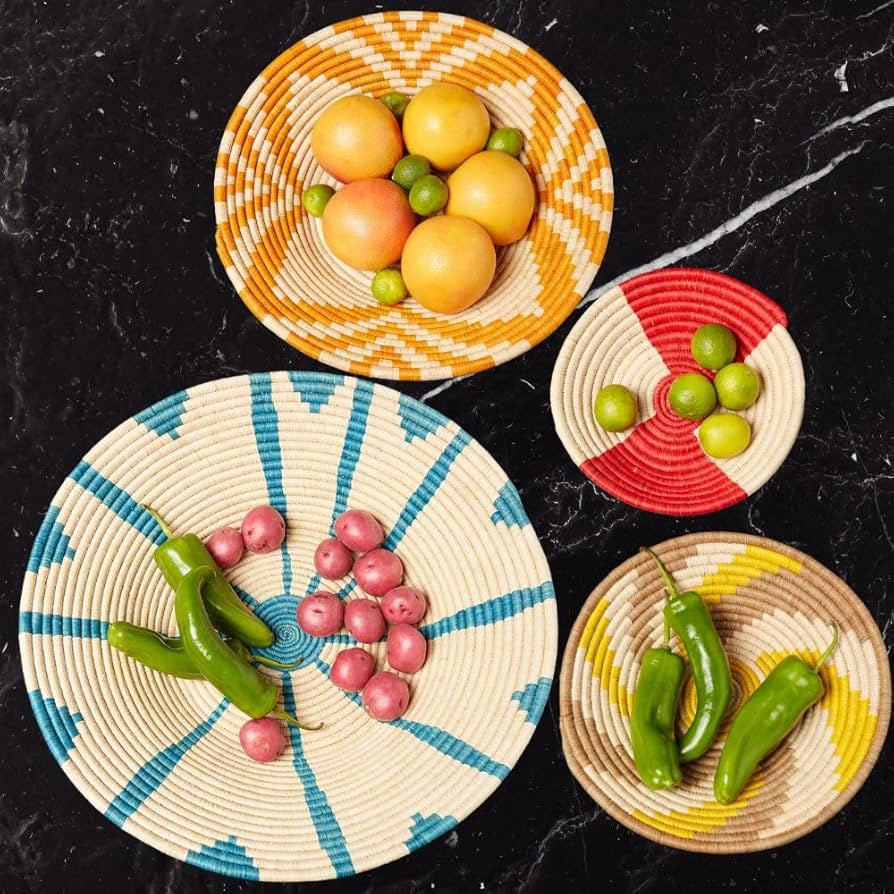 Bright Solid Colors Raffia Woven Fruit Bread Decorative Bowls Set | Amazon (US)