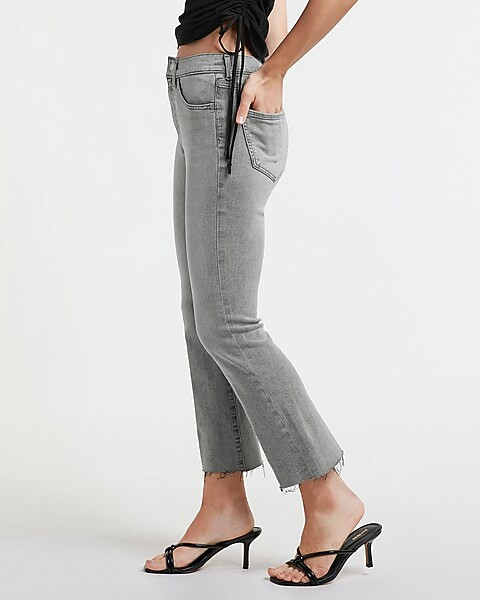 High Waisted Gray Raw Hem Cropped Flare Jeans | Express