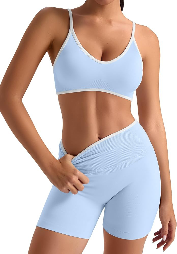Women Workout Sets 2 Piece Seamless Scrunch Butt Lifting Shorts Strappy Sports Bra Matching Set G... | Amazon (US)