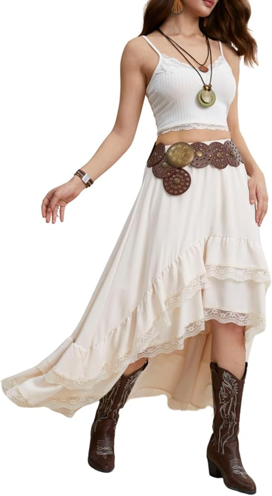 Verdusa Women's Western Boho Lace Ruffle Skirt Asymmetrical Country Cowgirl Skirts | Amazon (US)