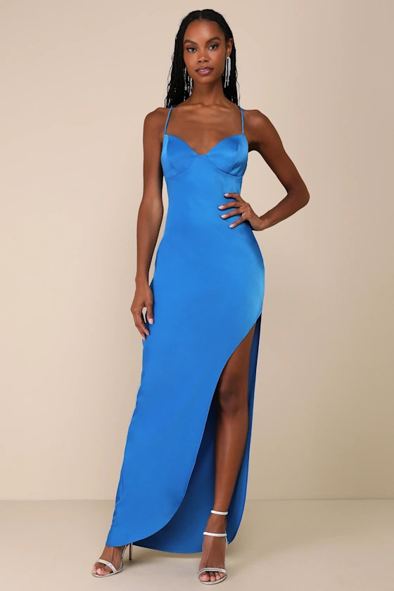 Glam Sentiment Blue Satin Lace-Up Slip Maxi Dress | Lulus