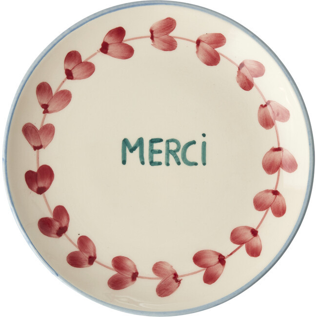 Ceramic Cake Plate With Hand-Painted MERCI, Cream | Maisonette