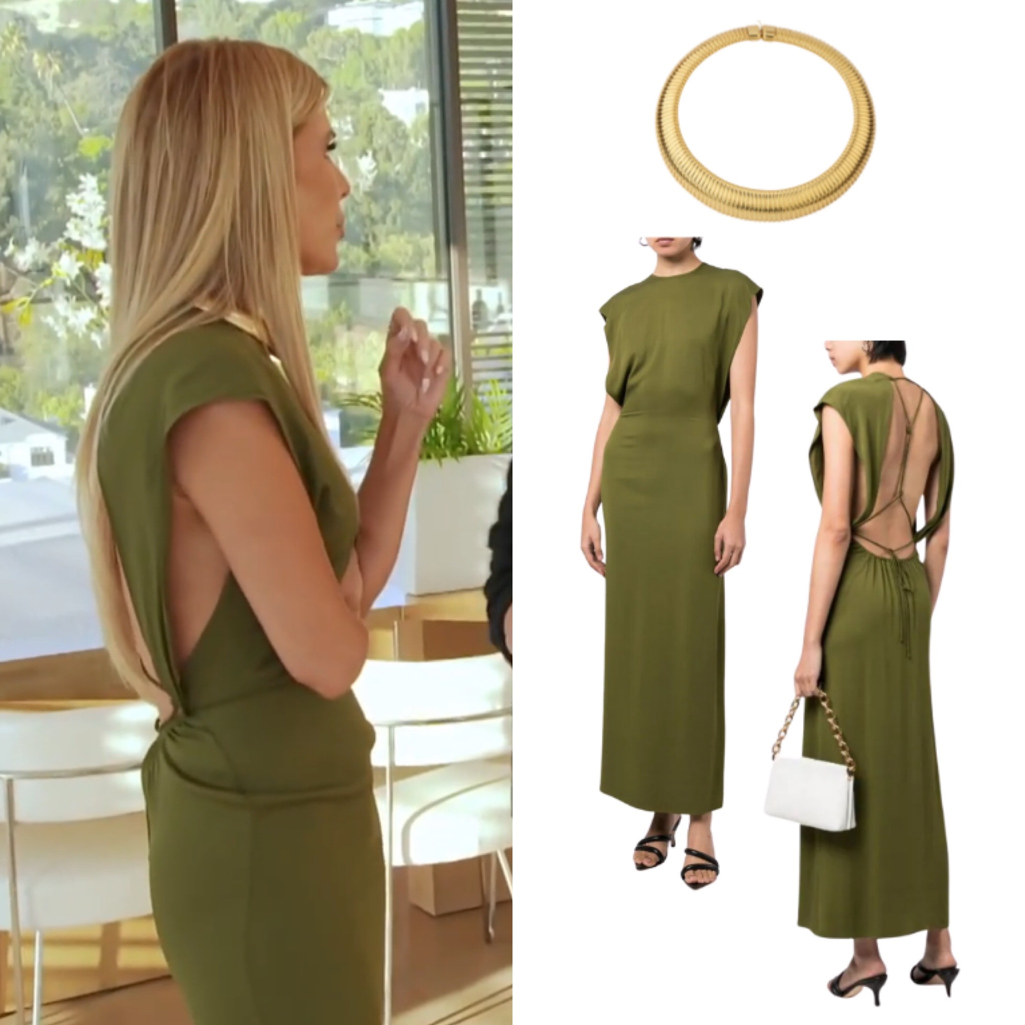 Tracy Tutor’s Green Backless Cap Sleeve Dress + Gold Necklace // Dress by Christopher Esber 