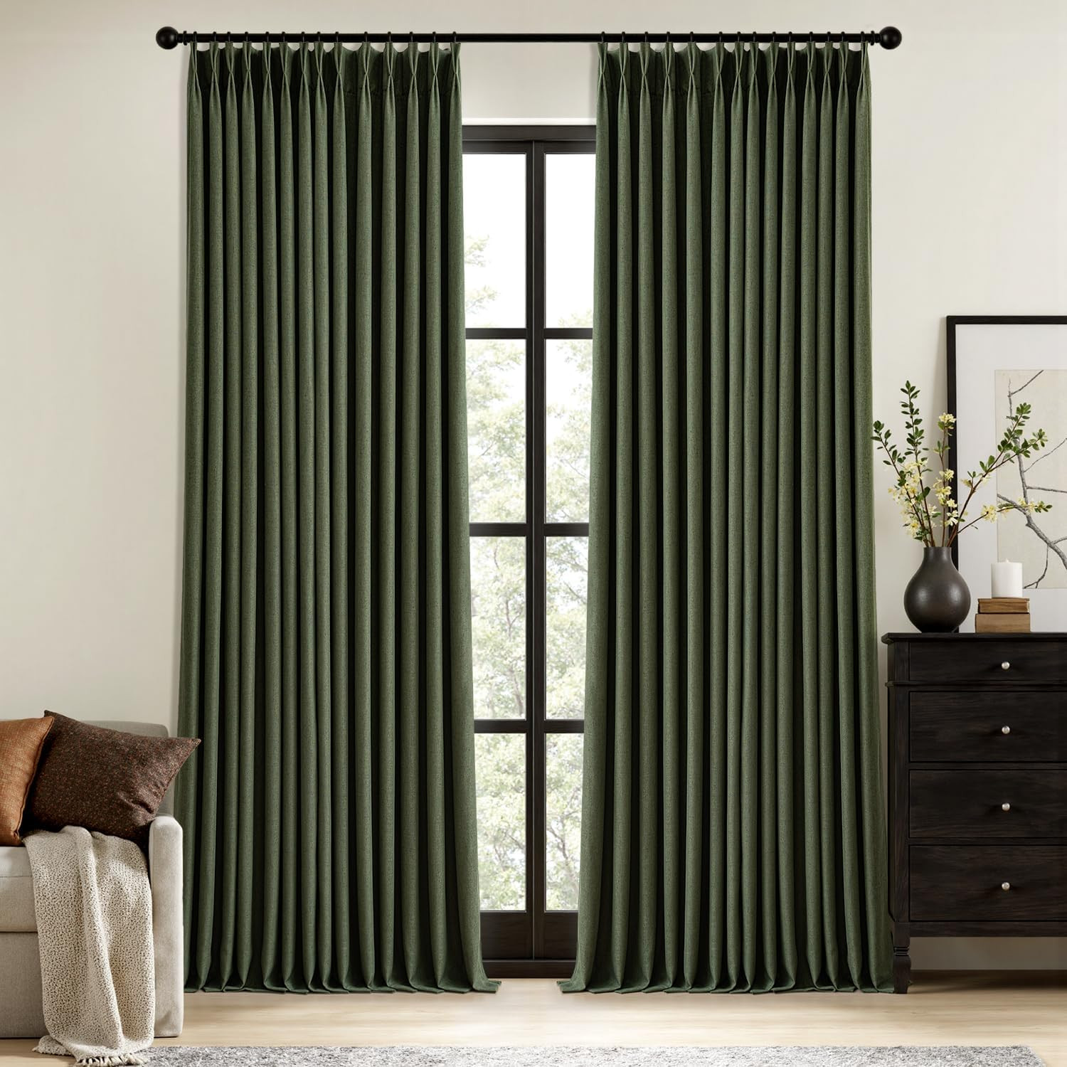 MIULEE Olive Green Pinch Pleated 100% Blackout Linen Curtains 40x90 Inches | Amazon (US)