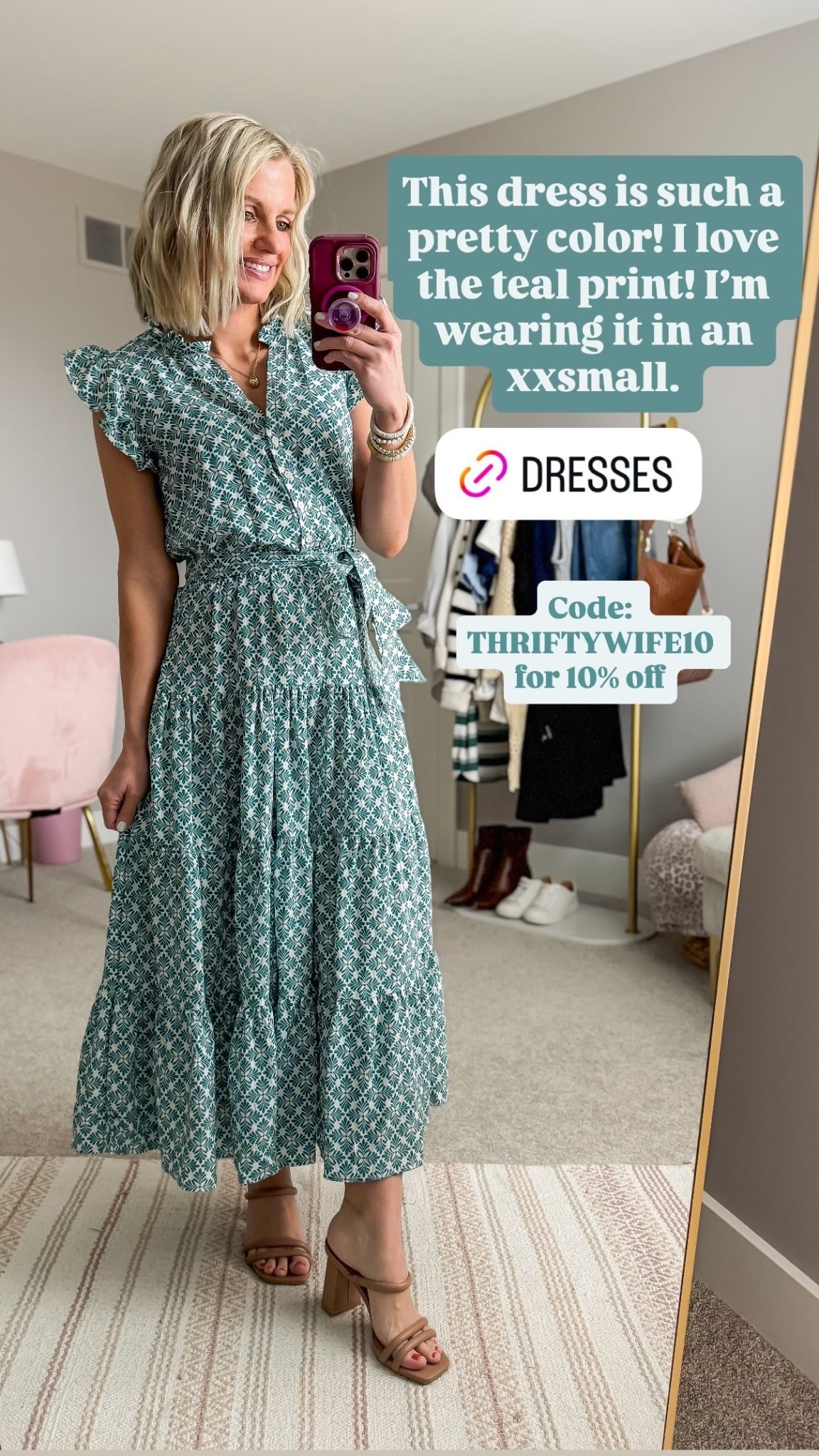 This dress is such a pretty color! I love the teal print! I’m wearing it in an xxsmall.  Code: THRIFTYWIFE10 for 10% off