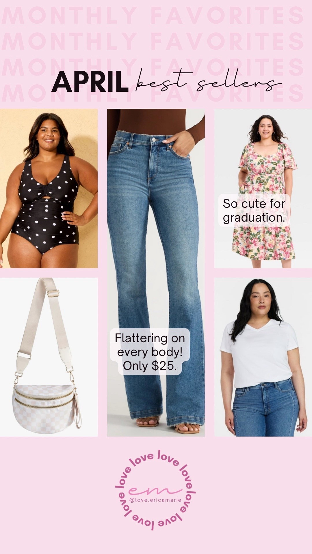 The April bestsellers are so good. Walmart jeans that look stunning on everyone and basic tee; Target floral dress for graduation and polka dot swimsuit and Amazon checkered bum bag. 

#LTKSeasonal #LTKMidsize #LTKOver40