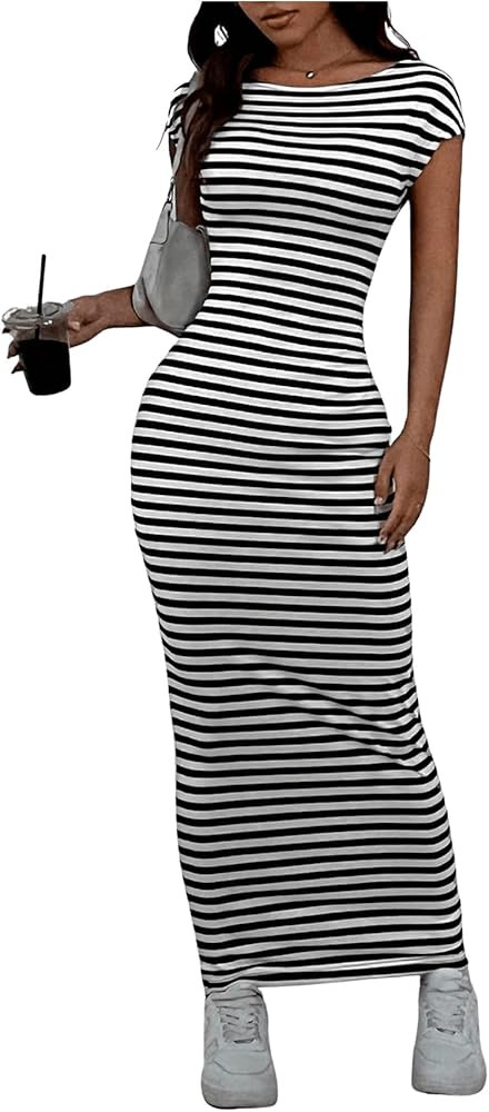 SweatyRocks Backless Dress Women's Dress with Stripes Bodycon Dress Knitted Long Colour Block Dre... | Amazon (DE)