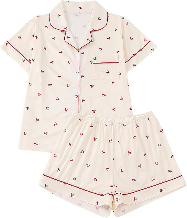 Women's 2 Piece Pajamas Set Short Sleeve Button Down Shirt and Shorts Cute Print Sleepwear Pjs Se... | Amazon (US)