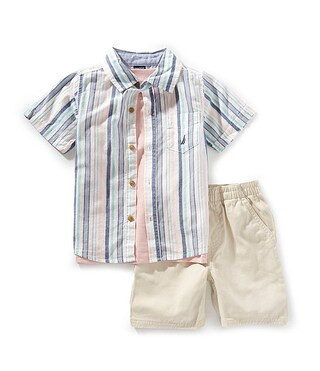 Little Boys 2T-7 Short Sleeve Multi-Stripe Gauze Shirt & T-Shirt & Twill Shorts | Dillard's