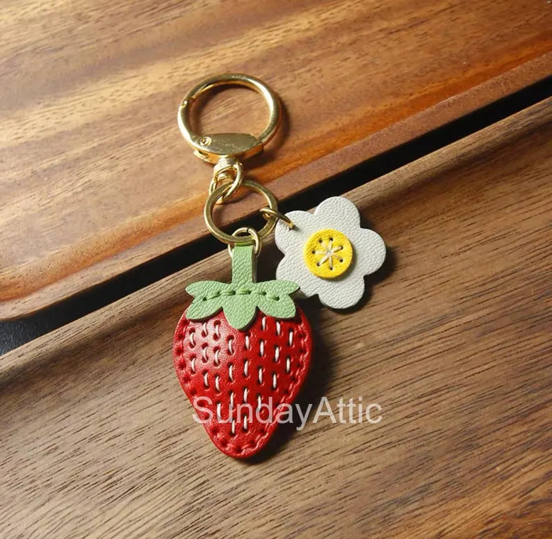 Strawberry Leather Charm Handmade Leather Bag Accessory Handbag and Purse Charm Cute Fruit Leathe... | Etsy (US)