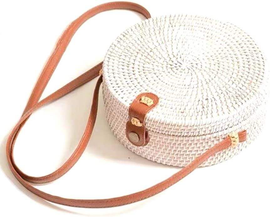 Kbinter Handwoven Round Rattan Straw Bag for Women Shoulder Leather Button Straps Natural Chic Ha... | Amazon (US)