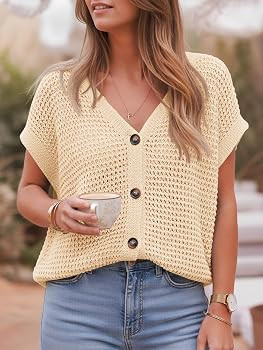 Fisoew Women's Short Sleeve Crochet Cardigans Sweater Tops Summer Button Down V Neck Casual Knit ... | Amazon (US)