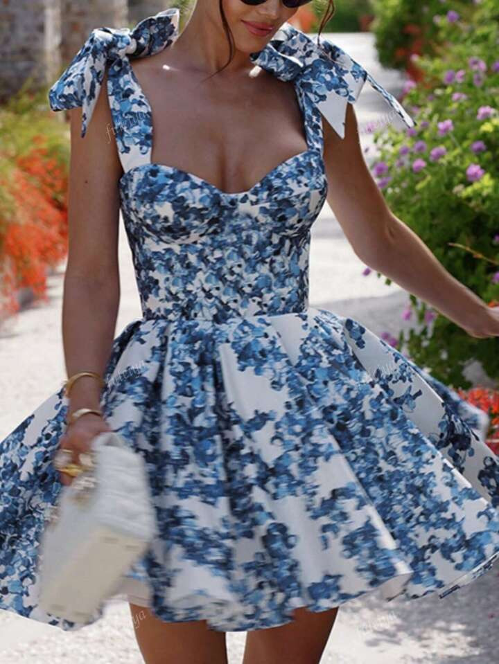 Floral Print V-Neck Tied Hem Sleeveless A-Line Summer Dress, Valentine's Day Dress | SHEIN