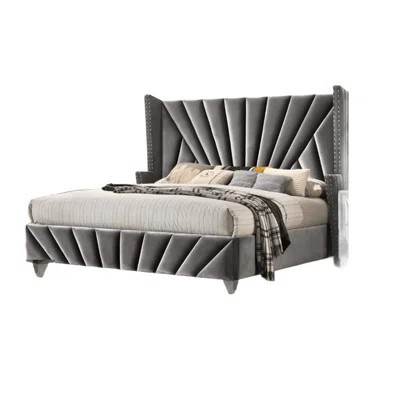 Bedroom Wingback Headboard 1Pc Bed Furniture Gray Fabric Upholstered Unique Bed | Wayfair North America