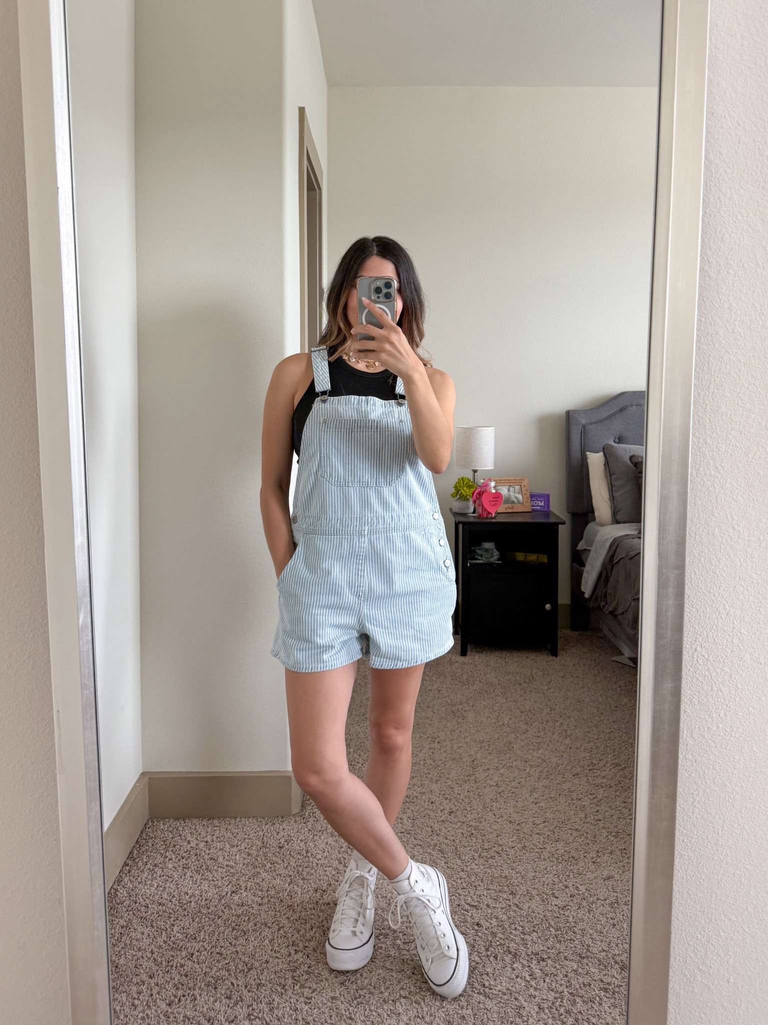 OOTD ✨🩵
size small in overalls & tank top 



Striped overalls, high top converse, summer outfits, women summer outfits 