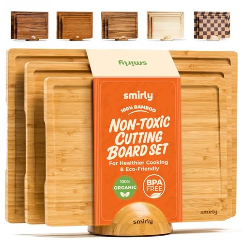 SMIRLY Wooden Cutting Boards For Kitchen Meal Prep & Serving - Bamboo Cutting Board Set with Holder, Charcuterie & Chopping Board, Wood Cutting Board Set, Kitchen Gadgets | Amazon (US)