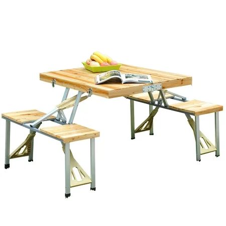 Outsunny Wooden Portable Camping Picnic Table with Seats Chairs and Umbrella Hole Outdoor | Walmart (US)