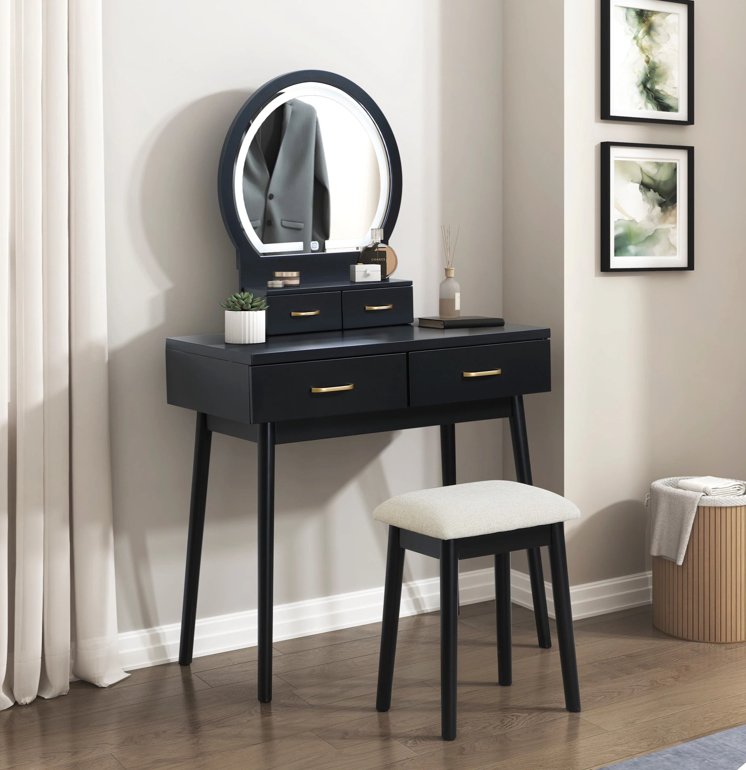 LOVMOR Beautiful Black Finish Vanity Dresser with Mirror and Stool Set Storage Drawers Luxury Furniture 1pc LED Mirror one_size | SF-Y-B011P347325 | Lowe's