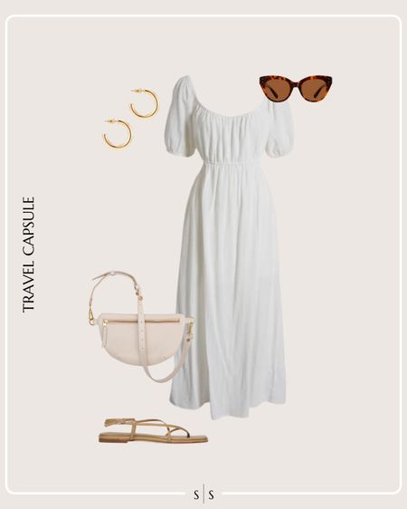 Summer Vacation Travel Capsule Wardrobe outfit idea | cut out white maxi, nude strap sandal, sling bag, gold hoops, sunglasses

See the entire Summer Vacation Travel Capsule Wardrobe on thesarahstories.com ✨ 

#LTKStyleTip