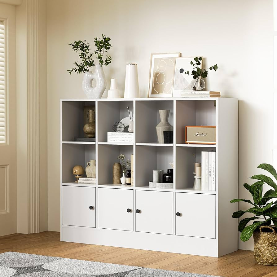Anystyle White 12 Cube Bookshelf, 3-Tier Bookcase Storage Cabinet with 4 Doors for Bedroom, Livin... | Amazon (US)