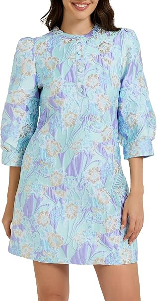 Ladyful Women's Floral Jacquard Shift Dress 2026 Long Puff Sleeve Button Up Elegant Cocktail Part... | Amazon (US)
