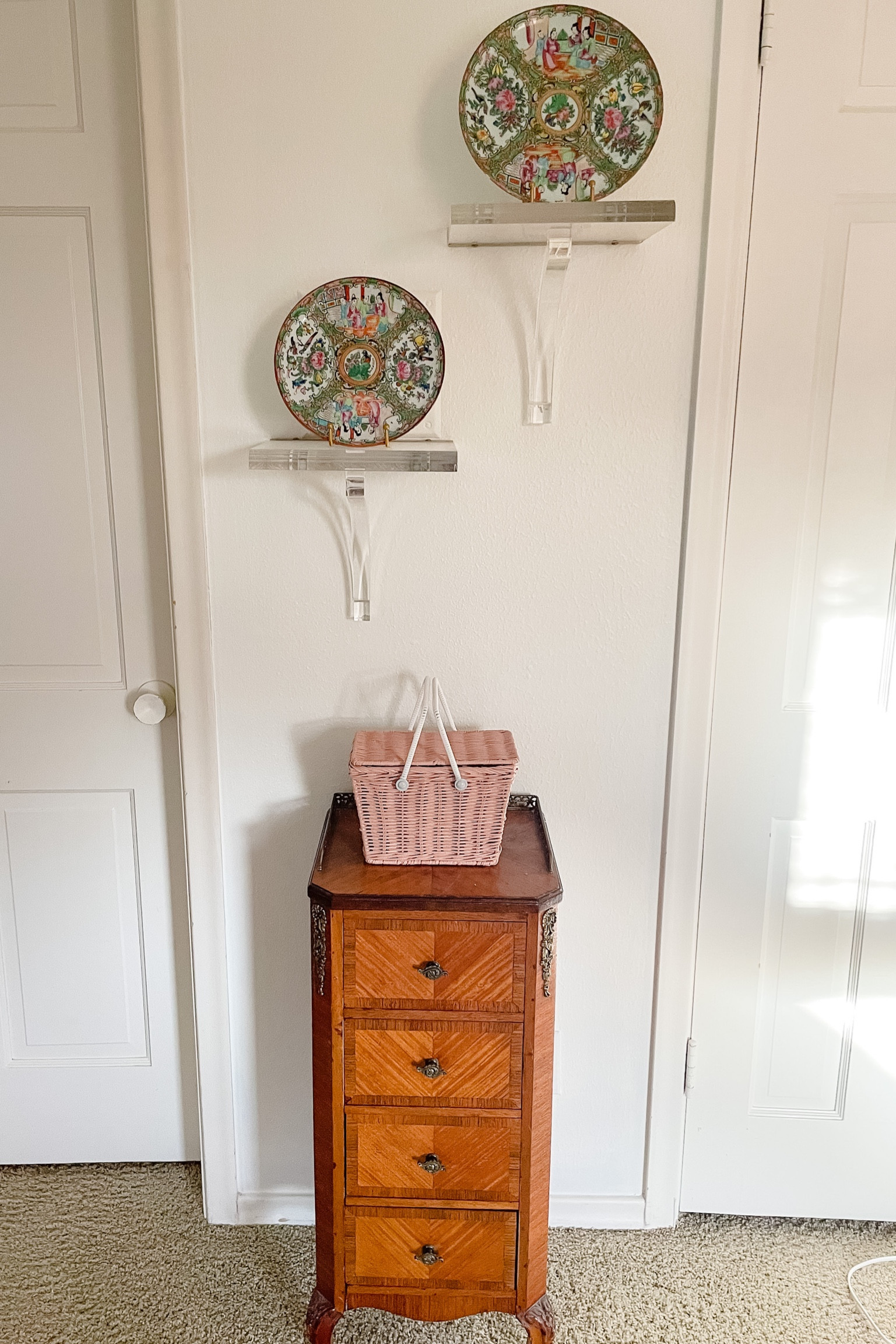 Baby girl nursery // grandmillennial // preppy // pink and green nursery // Olli Ella basket // rose medallion // acrylic lucite wall shelf bracket // Ballard designs 

#LTKbaby #LTKkids #LTKhome