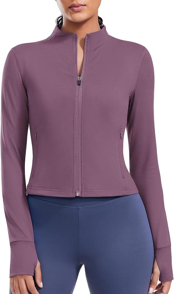 PINSPARK Women Cropped Workout Jackets Full Zip Slim Fit Athletic Jackets Thumb Holes Running Jac... | Amazon (US)