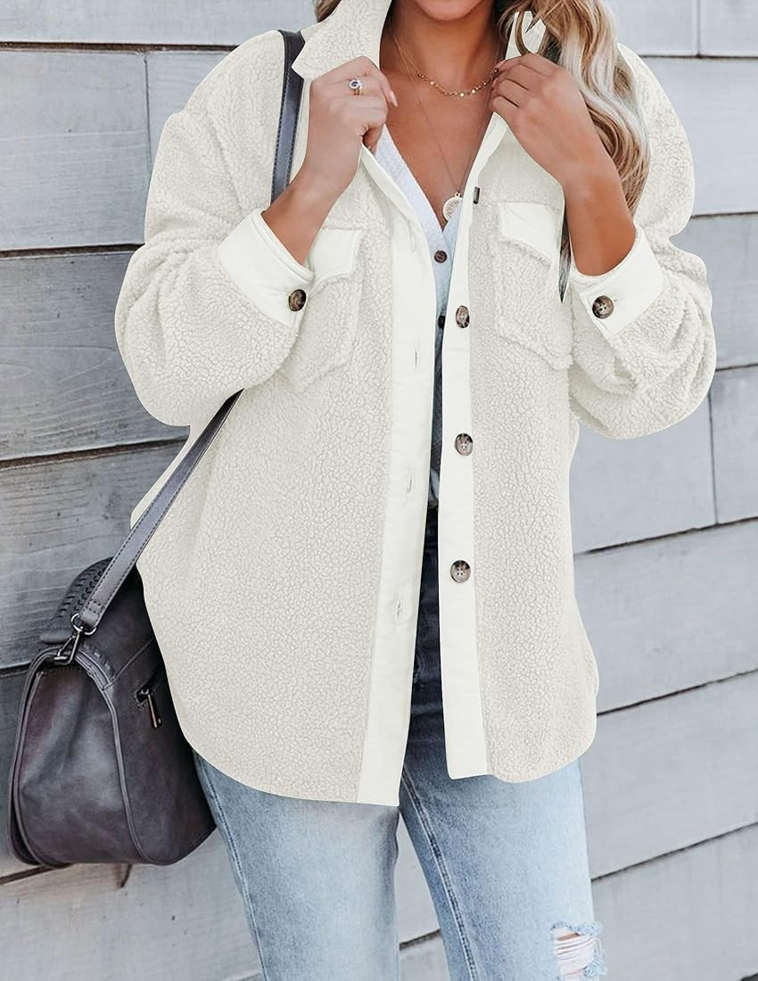 ZESICA Womens Winter Casual Sherpa Fleece Jacket Long Sleeve Button Solid Warm Fuzzy Outwear Coat... | Amazon (US)