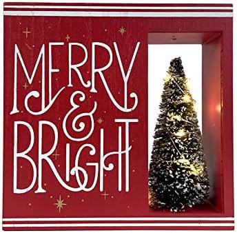 YAblue Christmas Decoration LED Lighted Merry Bright Christmas Tree Block Vintage Red Wooden Decor F | Amazon (US)