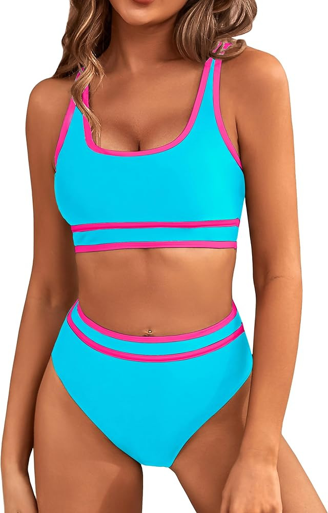 BMJL Women's High Waisted Bikini Sets Sporty Two Piece Swimsuits Color Block Cheeky High Cut Bath... | Amazon (US)