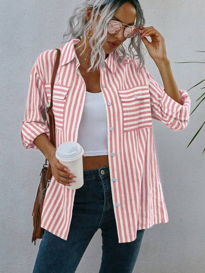 SHEIN LUNE Striped Print Flap Pocket Drop Shoulder Shirt | SHEIN