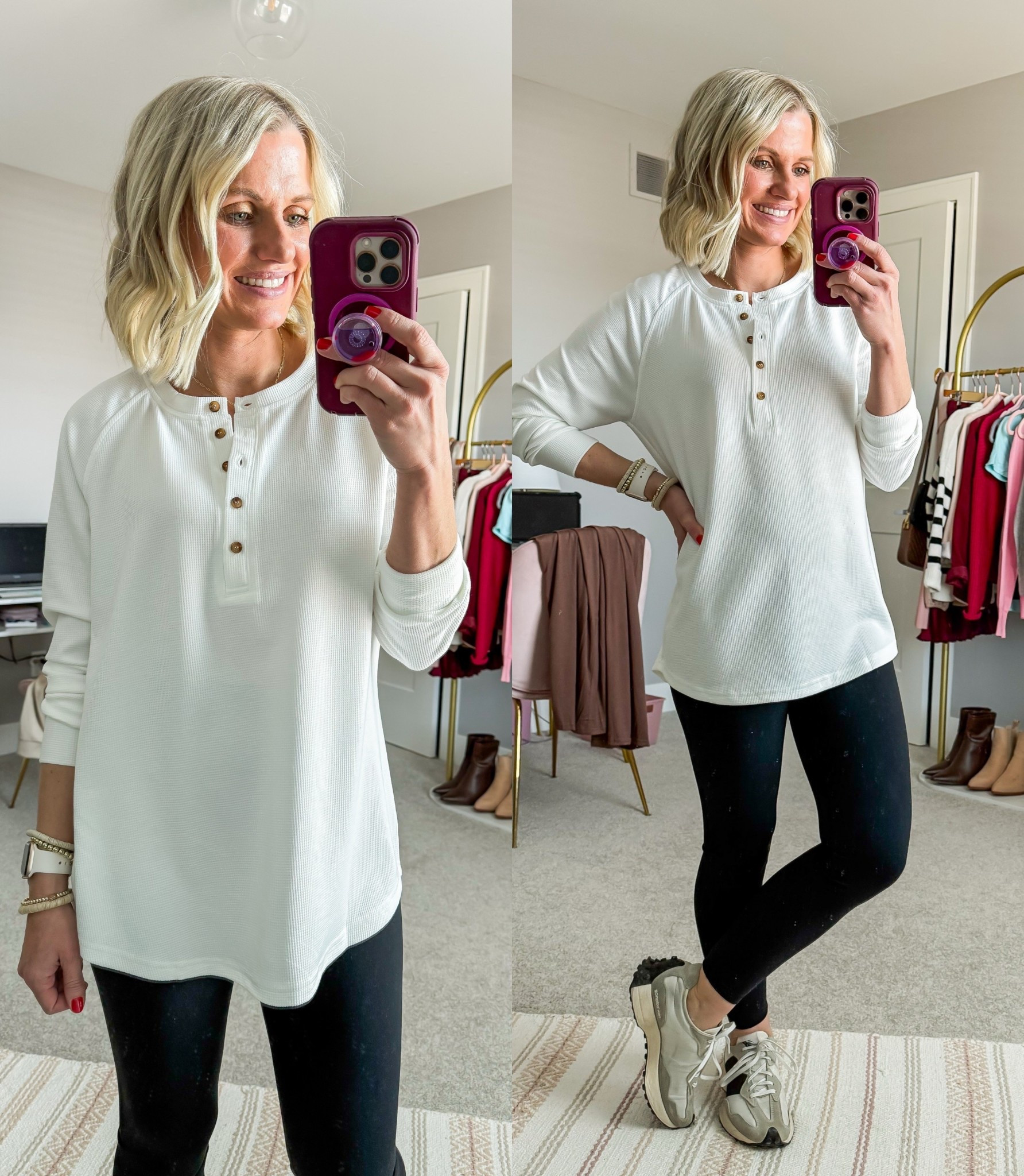 I love this white waffle knit Henley shirt from Amazon! It’s the perfect length to wear with leggings! I’m wearing a small! 

#LTKOver40 #LTKSeasonal #LTKPetite