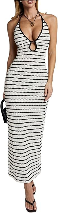 Milumia Women's Knitted Striped Backless Cut Out Halter V Neck Dress Sleeveless Bodycon Maxi Dres... | Amazon (US)