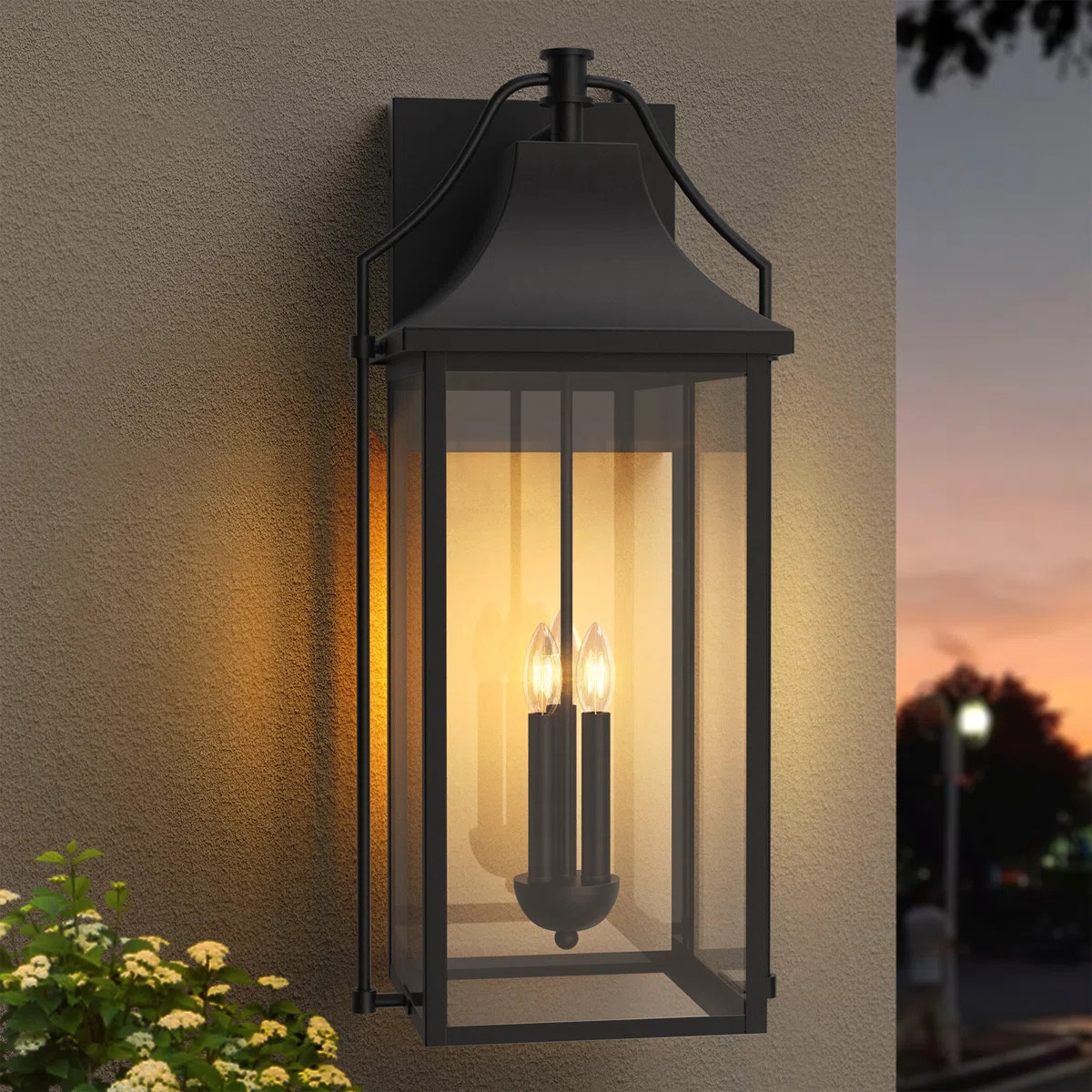 25"H 3-Light Tempered Glass Matte Black Outdoor Wall Lantern With Dusk To Dawn | Wayfair North America