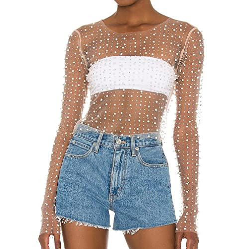 Naileksi Women Pearl Rhinestone Sheer Mesh Crop Top Sexy See Through Long Sleeve Slim Fit Cropped Blouse Shirt Clubwear Nude | Amazon (US)