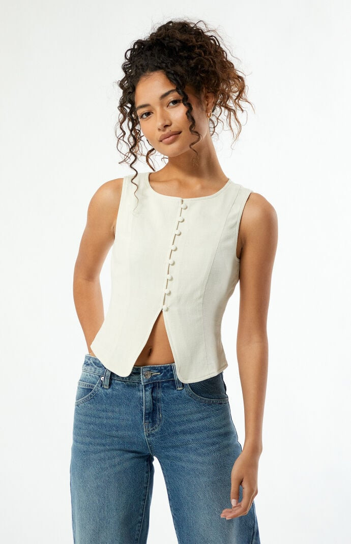 Women's Button Up Linen Vest in Natural - Size XL | PacSun